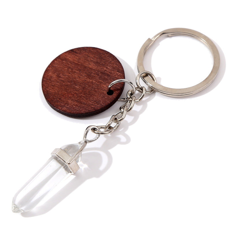 Wholesale Stone Crystal Hexagonal Pillar Round Wood Chip Keychain
